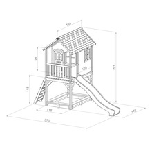 Ilustrație a unei căsuțe de joacă din lemn cu dimensiuni