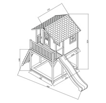 Desen tehnic al unei căsuțe de joacă cu tobogan și scară cu dimensiuni