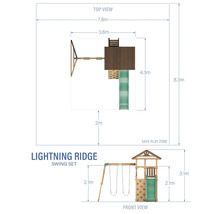 Dimensiunile setului de leagăne Lightning Ridge în vedere de sus și vedere frontală.