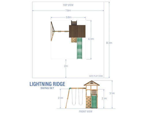 Dimensiunile setului de leagăne Lightning Ridge în vedere de sus și vedere frontală.