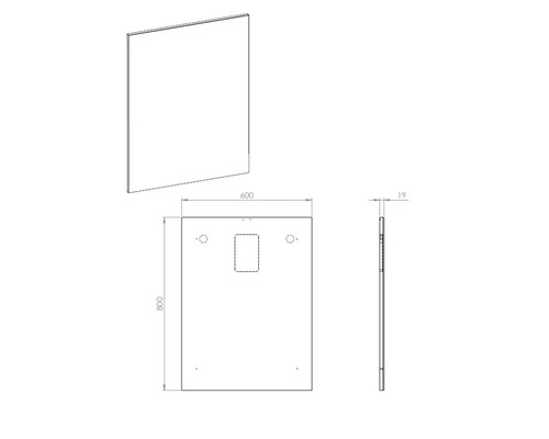Desen tehnic al unui placaj de cadă cu dimensiunile 600 x 800 x 19 mm.