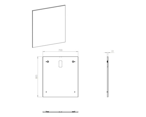 Desen tehnic al unei oglinzi cu dimensiunile de 800 pe 700 milimetri și o grosime de 19 milimetri.
