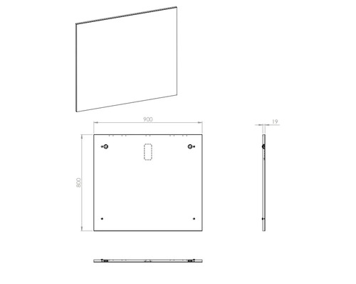 Desen tehnic al unei oglinzi cu dimensiunile de 900 x 800 x 19 milimetri
