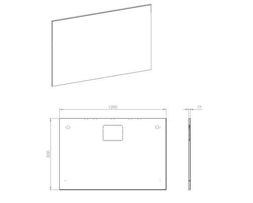 Desen tehnic al unei oglinzi cu dimensiunile de 1200 x 800 x 19 milimetri.