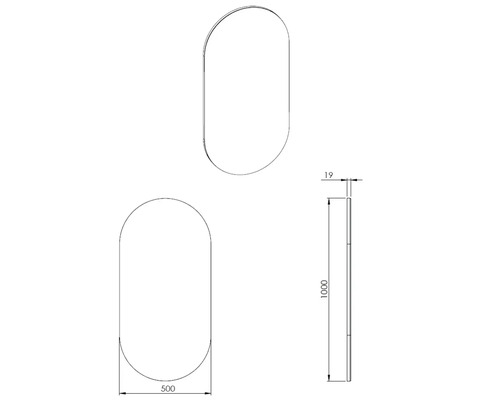 Desen tehnic al unei oglinzi cu dimensiuni
