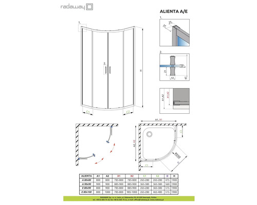 Desen tehnic al cabinei de duș Radaway Alienta A/E cu indicații dimensionale