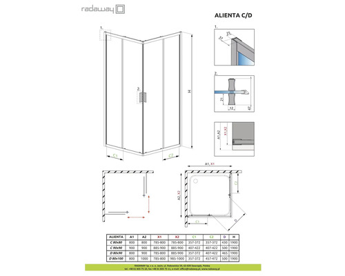 Desen tehnic al unei cabine de duș Radaway Alienta C/D cu dimensiuni