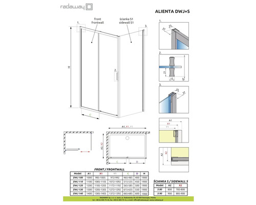 Desen tehnic al cabinei de duș Alienta DWJ+S cu dimensiuni