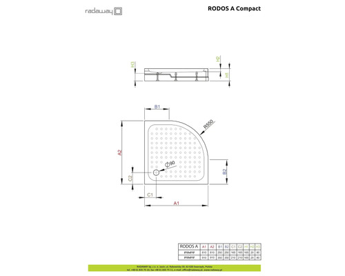 Desen tehnic al cădiței de duș Radaway Rodos A Compact cu dimensiuni