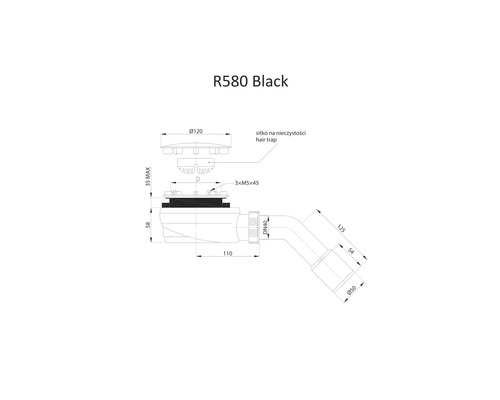 Desen tehnic al sifonului R580 Black cu dimensiuni