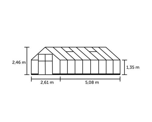 Desen tehnic al unei sere cu dimensiunile de 2,46 metri înălțime, 2,61 metri lățime, 5,08 metri lungime și 1,35 metri înălțime laterală.