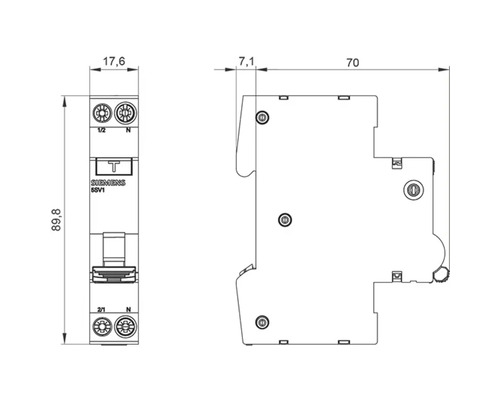 Desen tehnic al unui disjunctor de curent rezidual cu dimensiuni