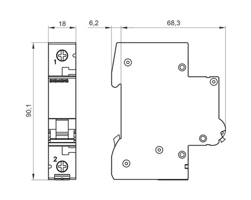 Desen tehnic al unui întrerupător automat cu dimensiunile de 18, 6.2, 68.3 și 90.1 milimetri.