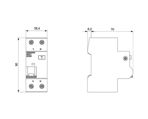 Desen tehnic al unui întrerupător diferențial cu dimensiuni.