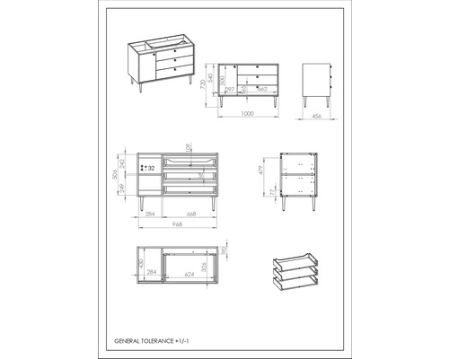 Desen tehnic al unui dulap de lavoar cu dimensiuni