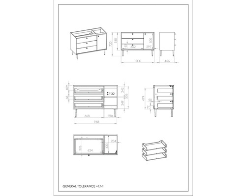 Desen tehnic al unui mobilier de baie cu sertare și spațiu de depozitare