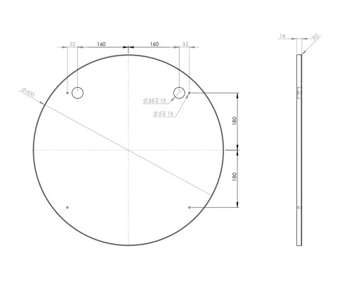Desen tehnic al unei plăci rotunde cu dimensiuni