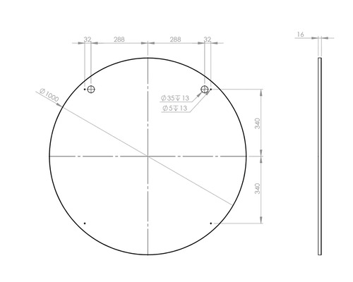 Desen tehnic al unei plăci rotunde cu dimensiuni