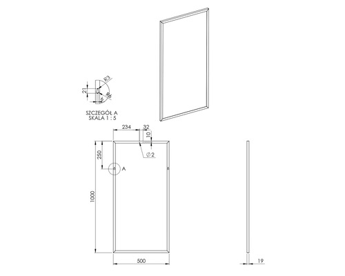 Desen tehnic al unei oglinzi dreptunghiulare cu dimensiuni