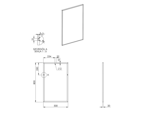 Desen tehnic al unei oglinzi dreptunghiulare cu dimensiuni