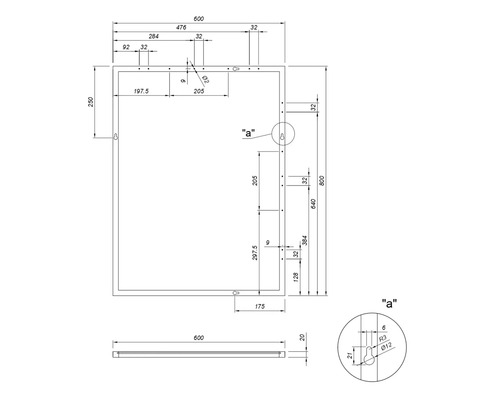 Desen tehnic al unei oglinzi cu dimensiuni