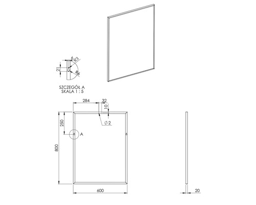 Desen tehnic al unei oglinzi cu dimensiuni