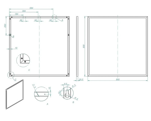 Desen tehnic al unei oglinzi cu dimensiuni