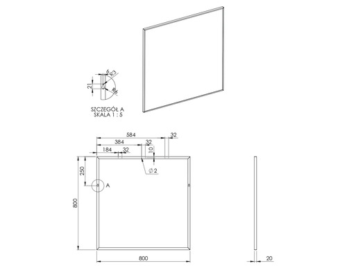 Desen tehnic al unei plăci dreptunghiulare cu dimensiuni.