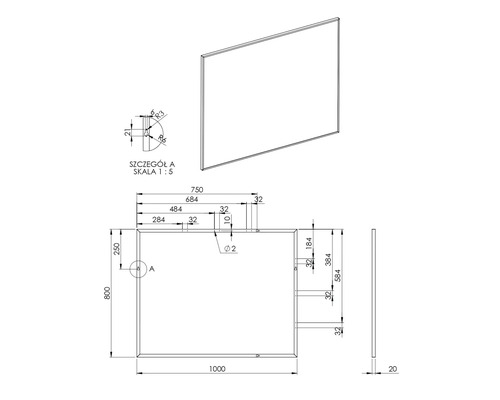 Desen tehnic al unei oglinzi dreptunghiulare cu dimensiuni