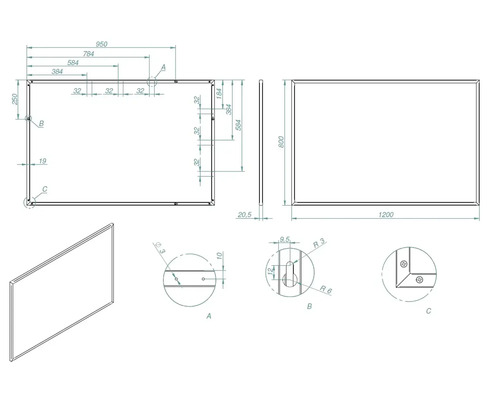 Desen tehnic al unei plăci dreptunghiulare cu indicații de dimensiuni
