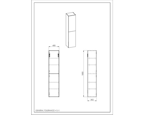 Desen tehnic al unui dulap înalt cu dimensiuni.