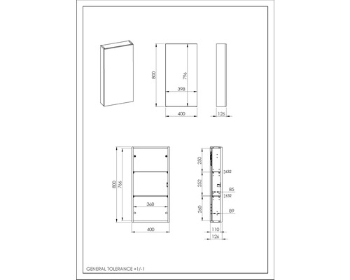 Desen tehnic al unei oglinzi cu dimensiuni