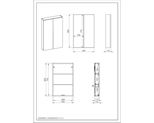 Desen tehnic al unui dulap cu oglindă cu indicații de dimensiuni