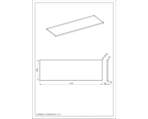 Desen tehnic al unei plăci dreptunghiulare cu dimensiunile de 1410 x 460 milimetri