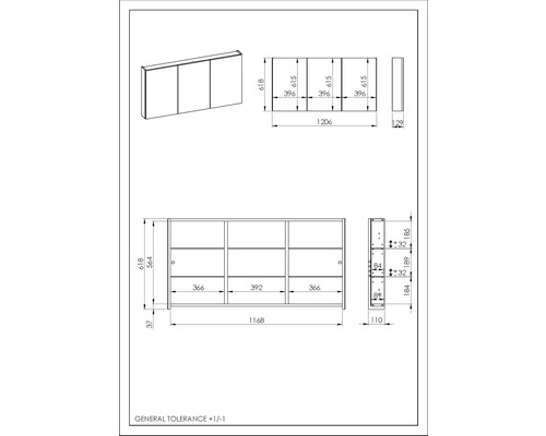 Desen tehnic al unei dulap cu oglindă cu dimensiuni