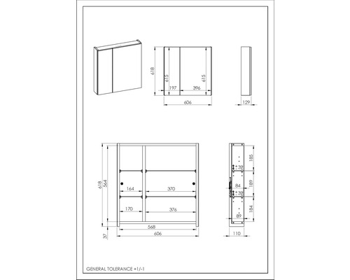 Desen tehnic al unui dulap cu oglindă cu dimensiuni
