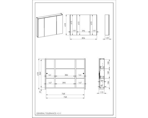 Desen tehnic al unei oglinzi cu dulap cu dimensiuni.