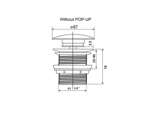 Desen tehnic al unei supape de scurgere fără funcție pop-up cu indicații de dimensiune