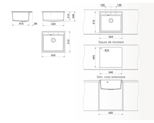 Desen tehnic al unei chiuvete cu dimensiuni