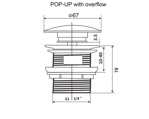 Desen tehnic pentru ventil pop-up cu preaplin, dimensiuni în milimetri