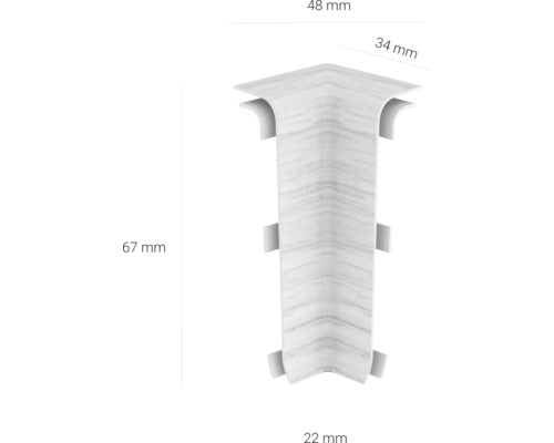 Racord de colț din plastic cu dimensiunile de 48 mm, 34 mm, 67 mm și 22 mm