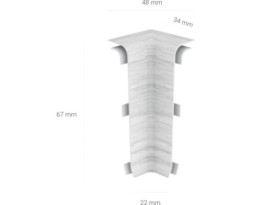 Conector de colț pentru plinte cu indicații de dimensiuni