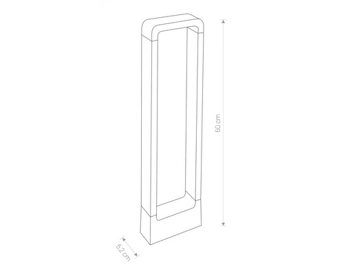 Ilustrație cu o lampă de potecă înaltă de 60 de centimetri, cu o lățime de 5,2 centimetri.