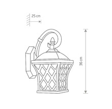 Desen al unei lămpi de perete exterioare cu dimensiunile de 25 cm și 36 cm.