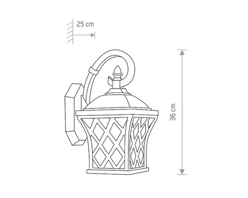 Desen al unei lămpi de perete exterioare cu dimensiunile de 25 cm și 36 cm.
