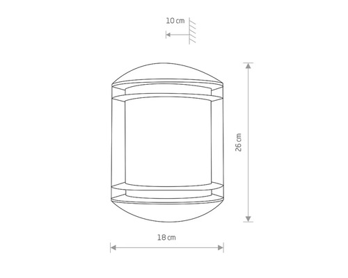 Desen tehnic al unei lămpi de perete cu dimensiunile de 26 cm înălțime, 18 cm lățime și 10 cm distanță de perete