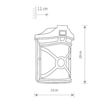 Desen tehnic al unei cutii poștale cu dimensiunile de 28 cm înălțime, 19 cm lățime și 11 cm adâncime.