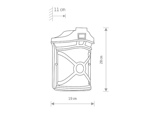 Desen tehnic al unei cutii poștale cu dimensiunile de 28 cm înălțime, 19 cm lățime și 11 cm adâncime.