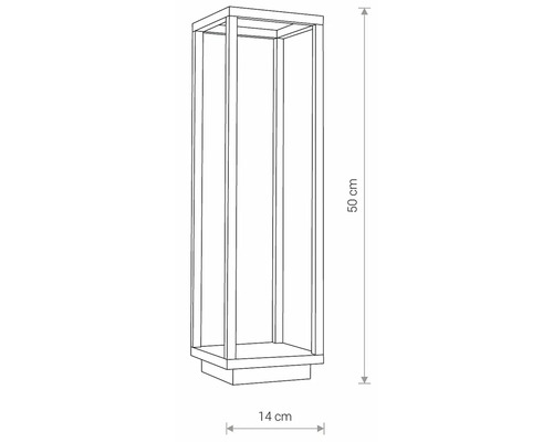 Desenul unei lămpi de exterior, de 50 cm înălțime și 14 cm lățime.