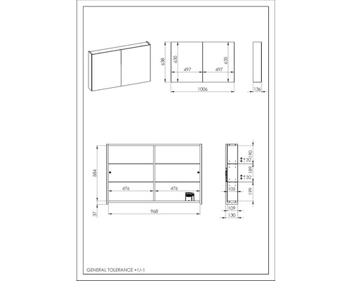 Desen tehnic al unui dulap cu oglinzi cu dimensiuni